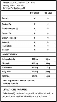 Reset Adrenals ingredient label with Rhodiola, Magnesium Glycinate and Holy Basil