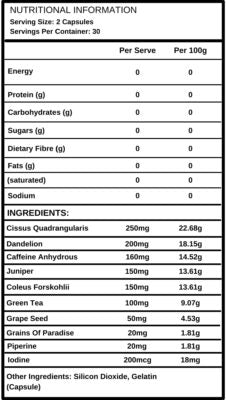 Reset F-Cardio ingredient label with caffeine, EGCG green tea and forskolin
