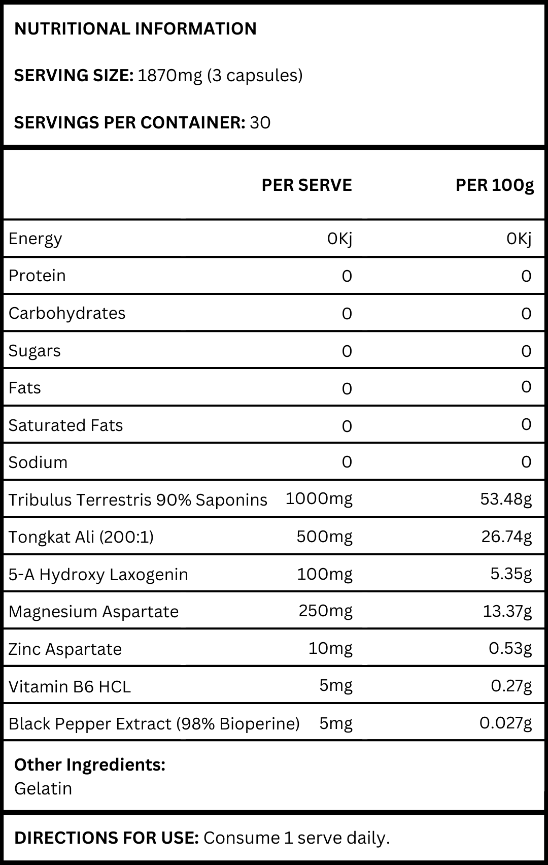Reset T-Lift ingredient label with Tribulus 1000mg, Tongkat Ali 500mg, Shilajit